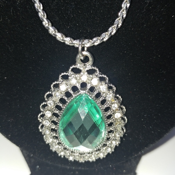 Silvertone Crystal Green Teardrop Necklace - Picture 4 of 5